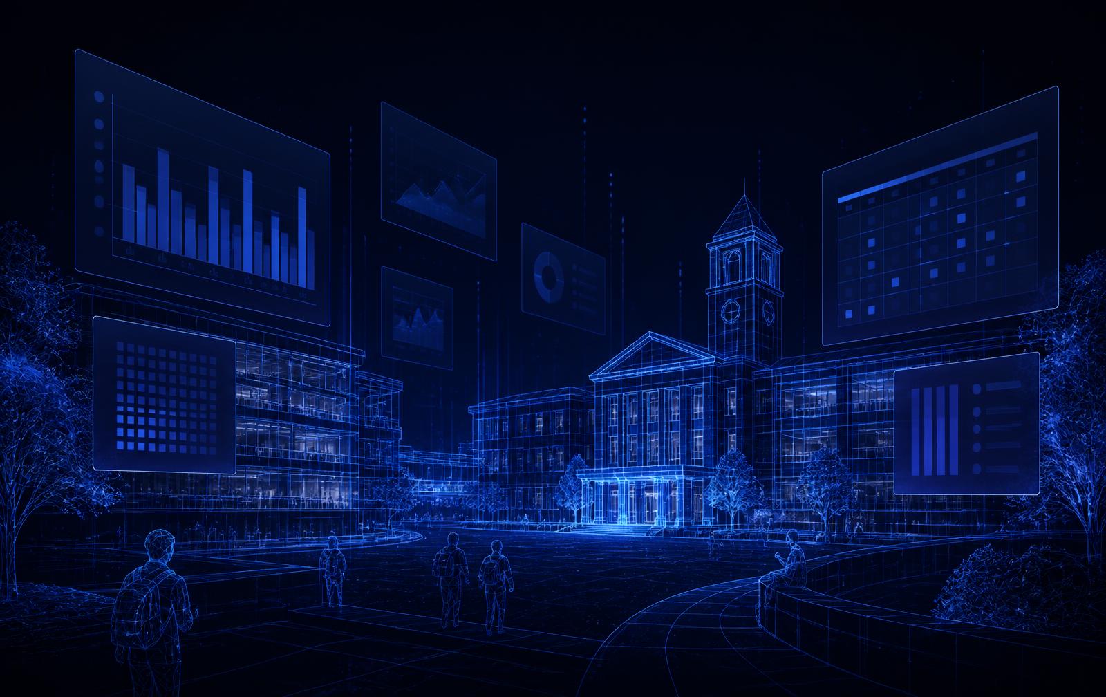 Wireframe rendering of a campus with floating attendance and calendar panels